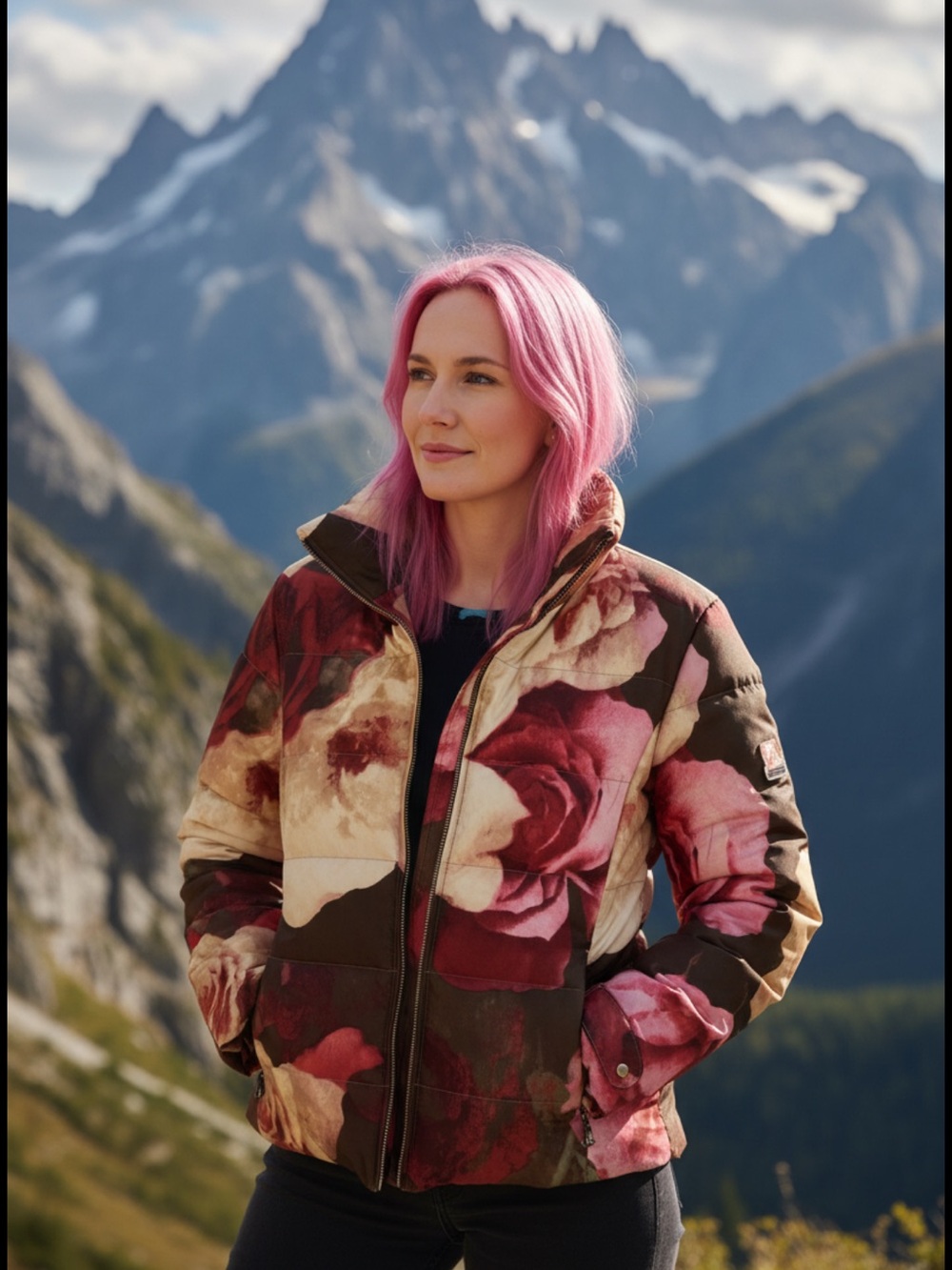Bogner Floral Ski Jacket in Red, Pink, Cream, Brown